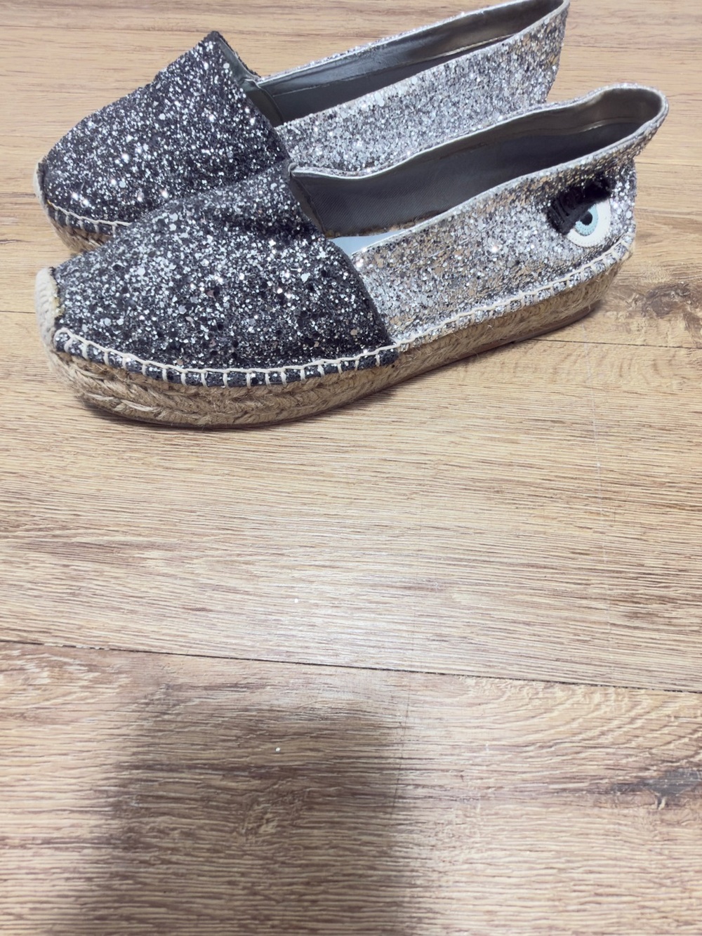 Chiara Ferragni Glitter Espadrille Slip-Ons in Black and Silver